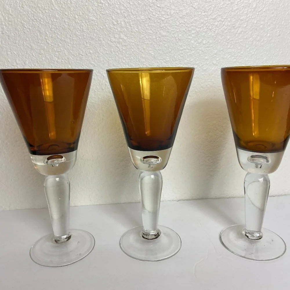 VTG 1970 Honey Amber Hand blown Stemmed Wine Goblet Glasses 9